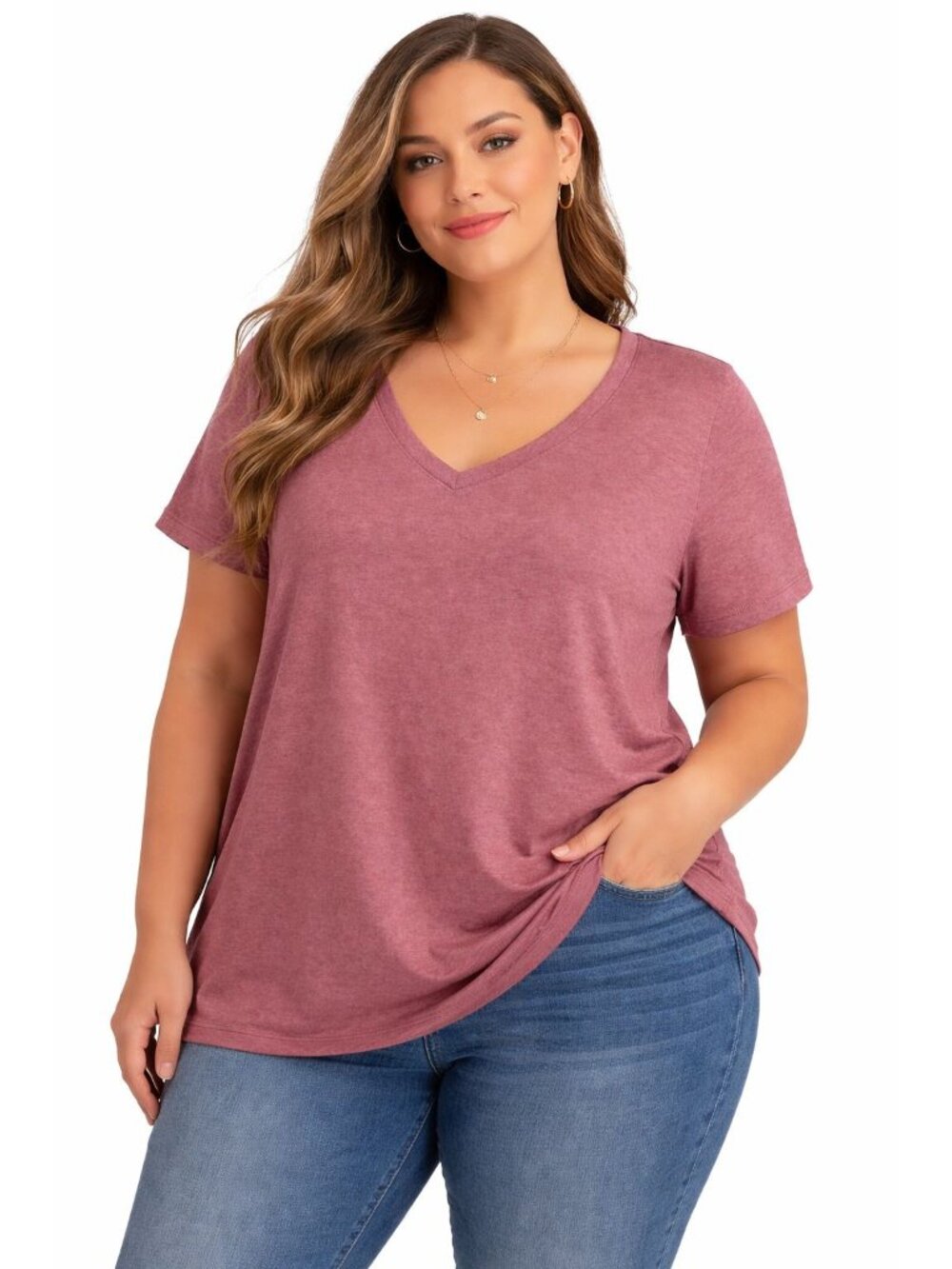 Women’s XL Dusty Rose V Neck T-Shirt Short Sleeve Casual Tee
